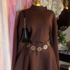 Elegant Brown Long-Sleeve Dress with Decorative Belt